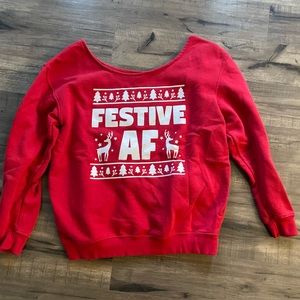 Festive AF Holiday Sweatshirt Women’s L Red Slouchy Christmas Graphic Funny Ugly